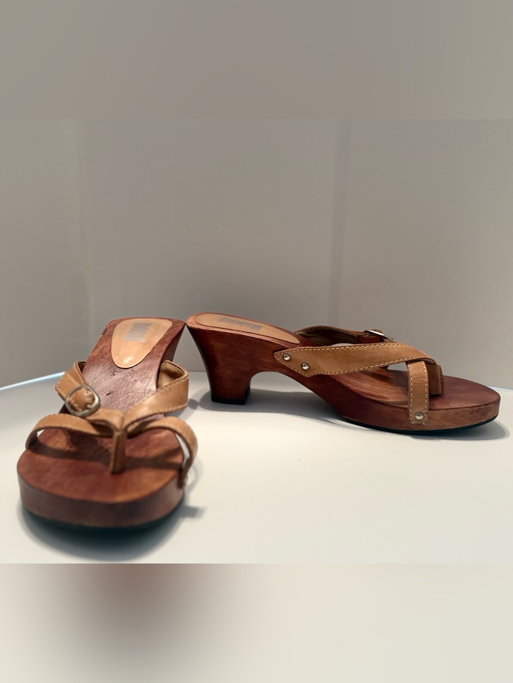 Tan Leather Wood-Heel Sandal - Women's Slip-On Heels